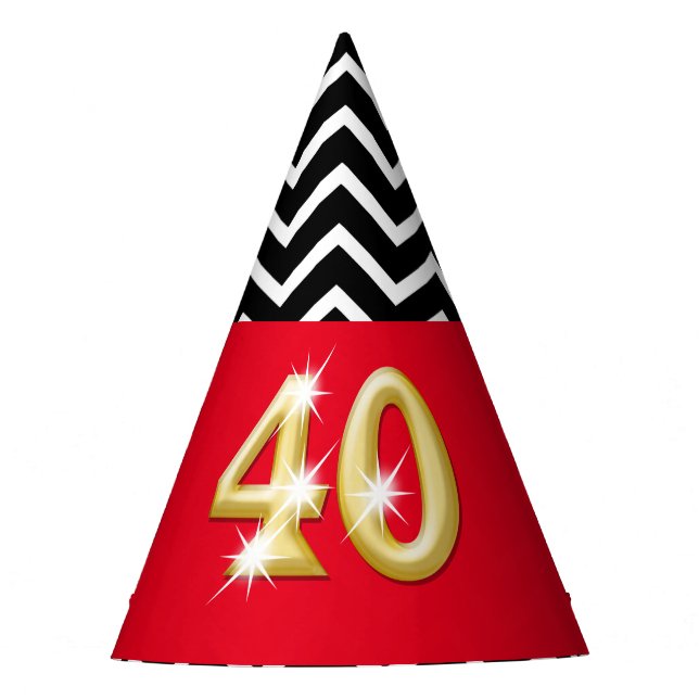 Fortieth 40th birthday red gold black white party hat (Front)