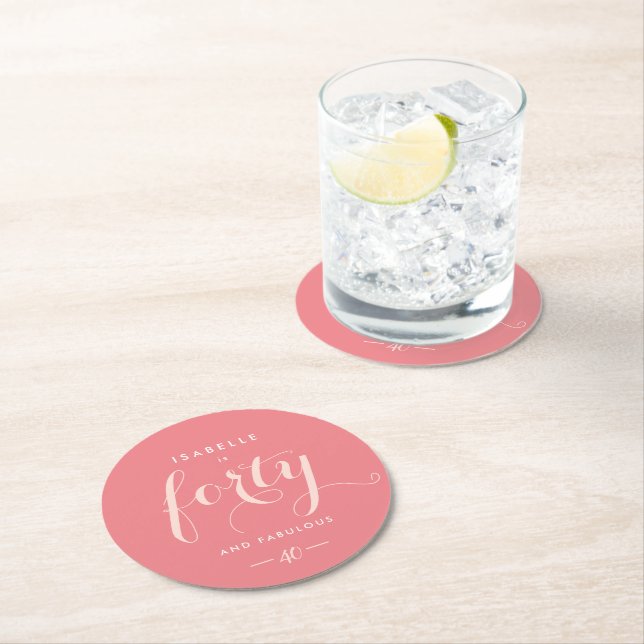 Fortieth Birthday Party Invitation Glamorous Pink Round Paper Coaster (Insitu)