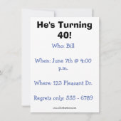 Fortieth Birthday Party Invitations Him (Back)