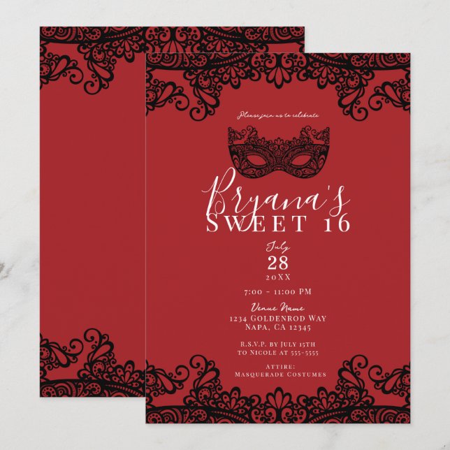Fortune Red Black Lace Masquerade Sweet 16 Party  Invitation (Front/Back)