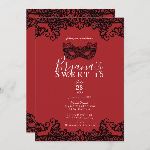 Fortune Red Black Lace Masquerade Sweet 16 Party  Invitation