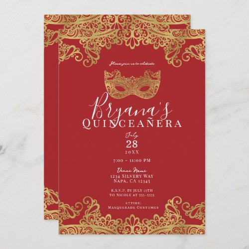 Fortune Red Gold Lace Masquerade 15 Quinceaera   Invitation