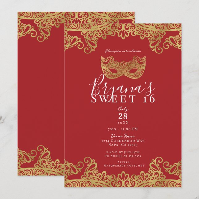 Fortune Red & Gold Lace Masquerade Sweet 16 Party  Invitation (Front/Back)