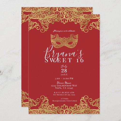 Fortune Red  Gold Lace Masquerade Sweet 16 Party  Invitation