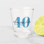 Forty 40th birthday age modern script  shot glass<br><div class="desc">Personalized 40th birthday shot glass with blue age text and modern script name.  Colors and fonts can be changed if required.</div>