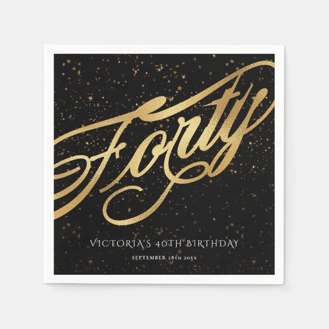 Forty 40th Birthday Confetti Gold Black Stylish Napkins (Front)