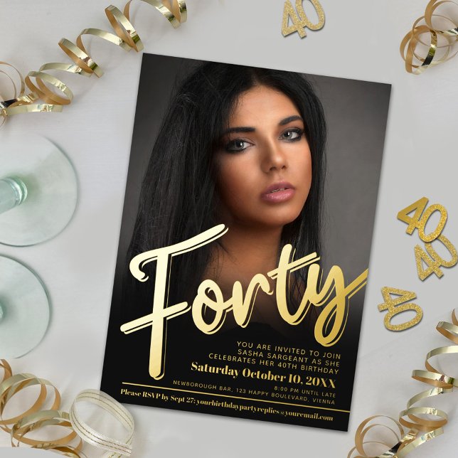 Forty 40th Birthday custom photo script gold Foil Invitation (Creator Uploaded)
