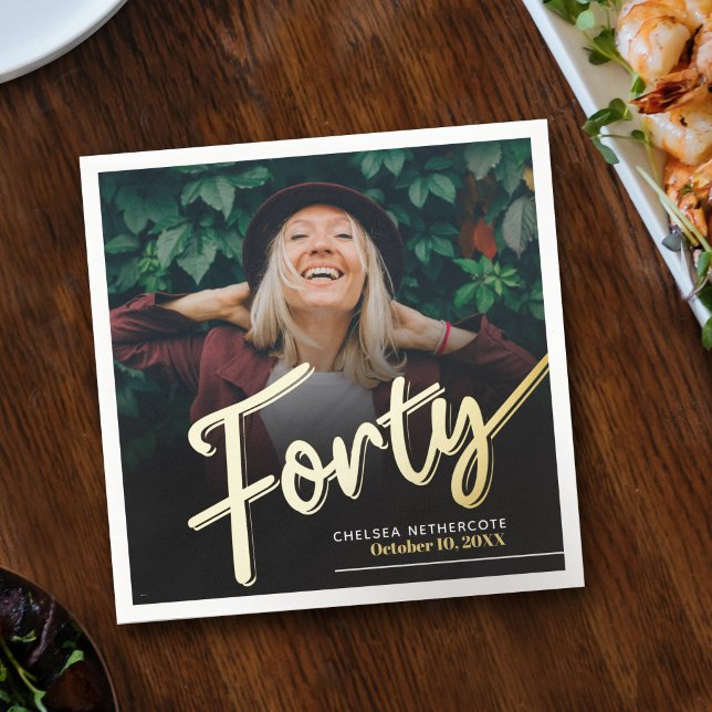 Forty 40th Birthday custom photo script gold Napkins (Creator Uploaded)