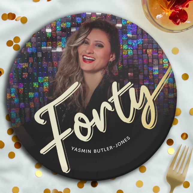 Forty 40th Birthday custom photo script gold Paper Plates (Creator Uploaded)