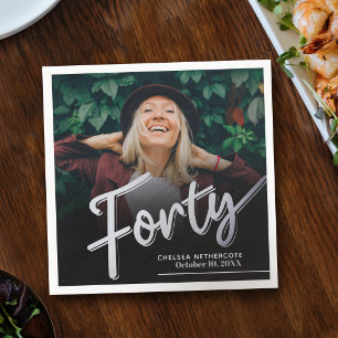 Forty 40th Birthday custom photo script silver Napkins