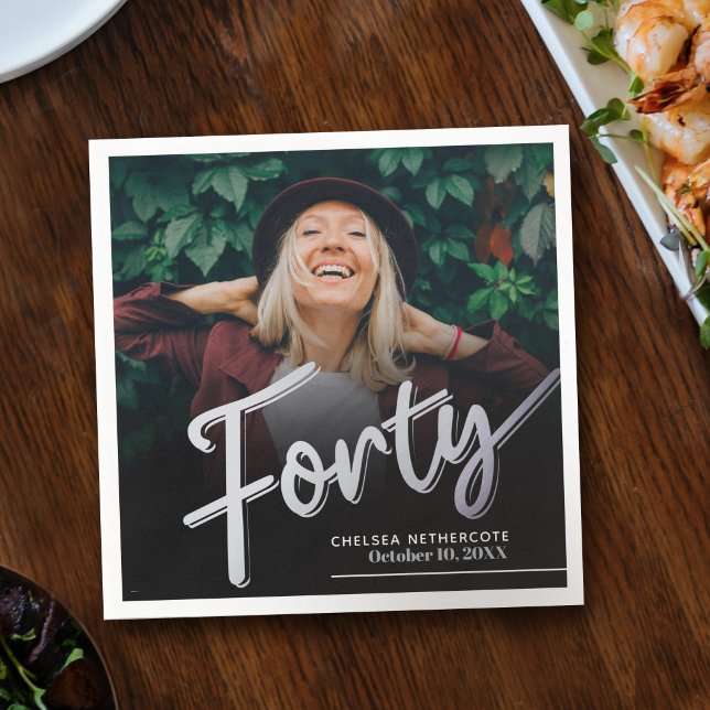 Forty 40th Birthday custom photo script silver Napkins (Creator Uploaded)