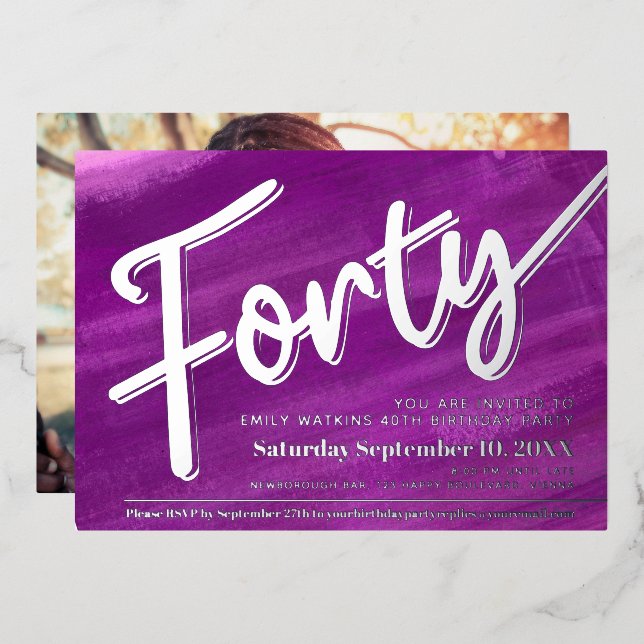 Forty 40th Birthday party purple art gold script Foil Invitation (Front/Back)