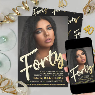 Forty 40th Birthday photo script flat gold color Invitation