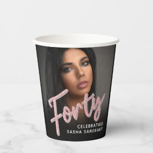 Forty 40th Birthday photo script glitter pink  Paper Cups