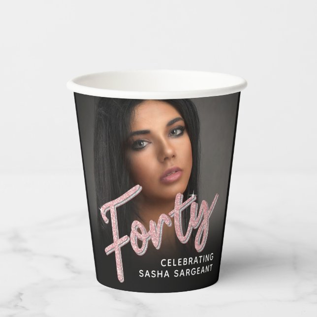 Forty 40th Birthday photo script glitter pink  Paper Cups (Front)