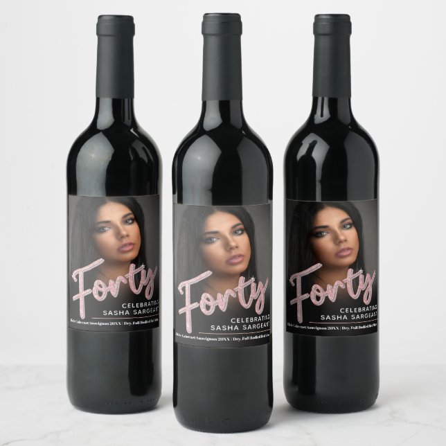 Forty 40th Birthday photo script glitter pink Wine Label (Bottles)