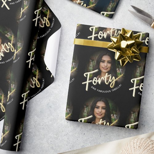 Forty 40th Birthday photo script gold custom Wrapping Paper