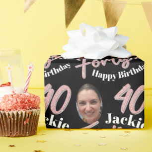Forty 40th Birthday photo script rose pink custom Wrapping Paper