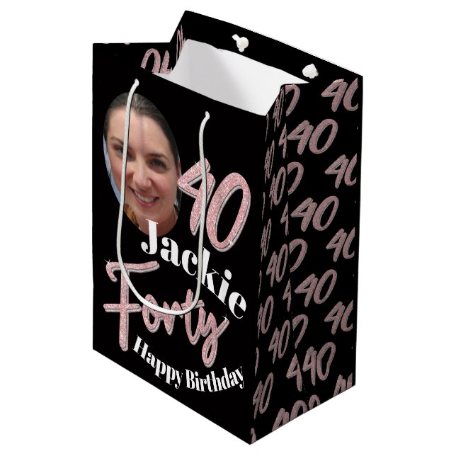 Forty 40th Birthday photo script rose pink Medium Gift Bag (Front Angled)