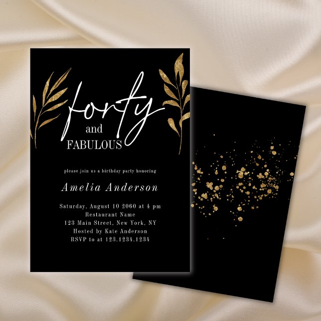 Forty 40th Gold Greenery Black Birthday Party  Invitation (Creator Uploaded)