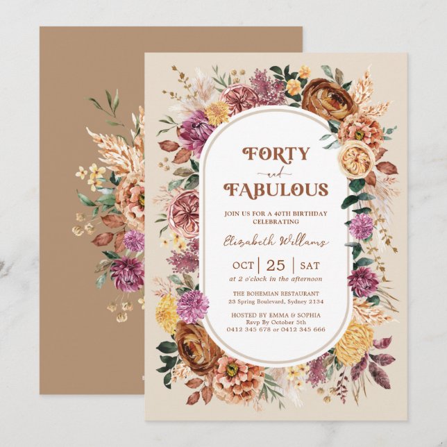 Forty and Fabulous Boho Fall Floral 40th Birthday Invitation (Front/Back)