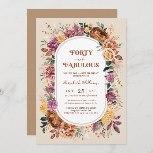 Forty and Fabulous Boho Fall Floral 40th Birthday Invitation