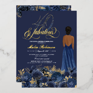 Forty and Fabulous Elegant Blue & Gold Birthday Fo Foil Invitation
