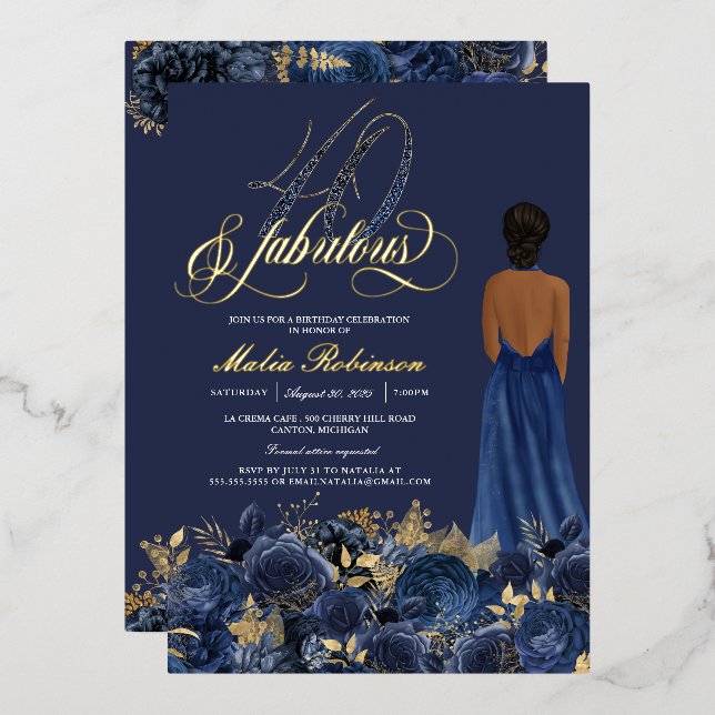 Forty and Fabulous Elegant Blue & Gold Birthday Fo Foil Invitation (Front/Back)