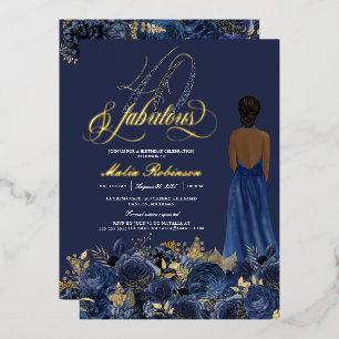 Forty and Fabulous Elegant Blue & Gold Birthday Foil Invitation