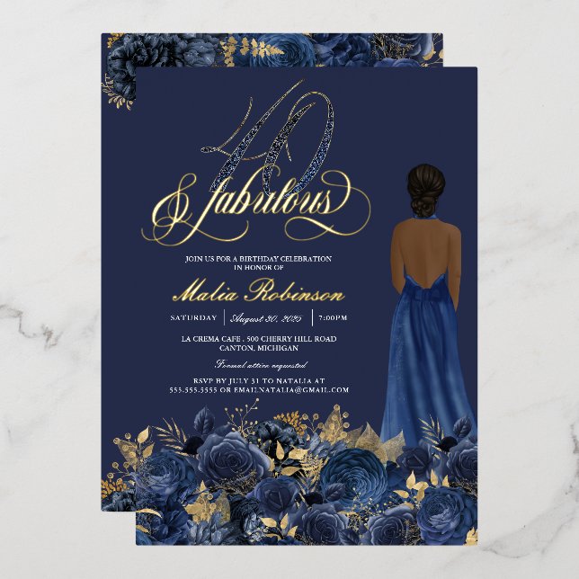 Forty and Fabulous Elegant Blue & Gold Birthday Foil Invitation (Front/Back)