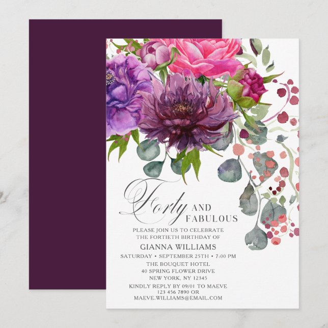 Forty and Fabulous Elegant Floral 40th Birthday Invitation (Front/Back)