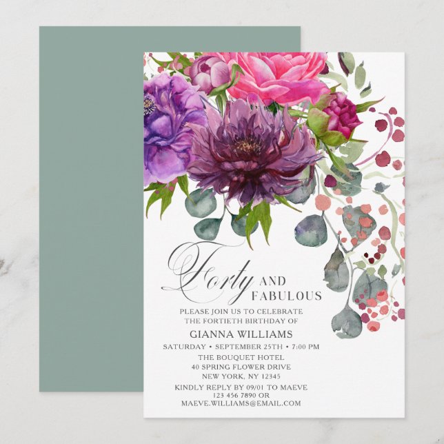Forty and Fabulous Elegant Floral 40th Birthday Invitation (Front/Back)