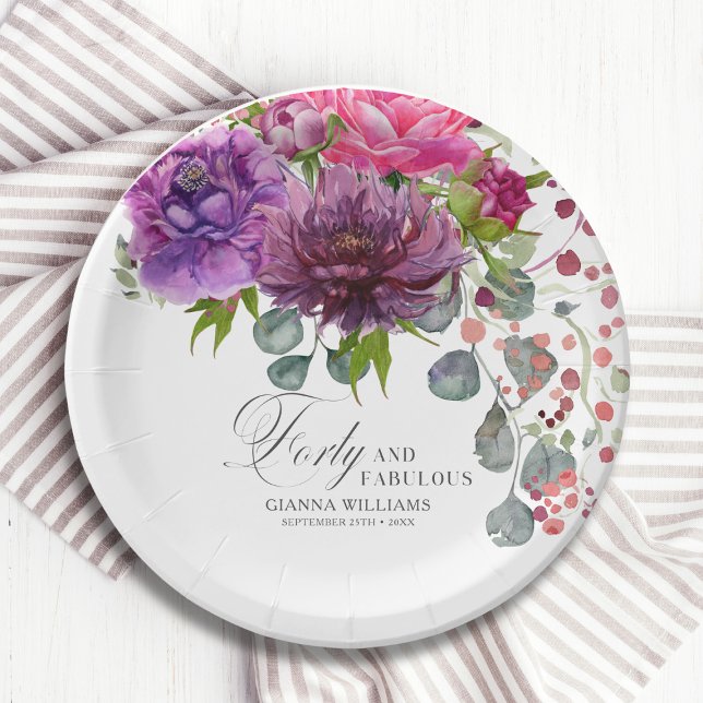 Forty and Fabulous Elegant Floral 40th Birthday Paper Plates (Creator Uploaded)