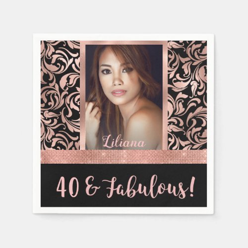 Forty and Fabulous rose gold damask 40th Birthday Napkins