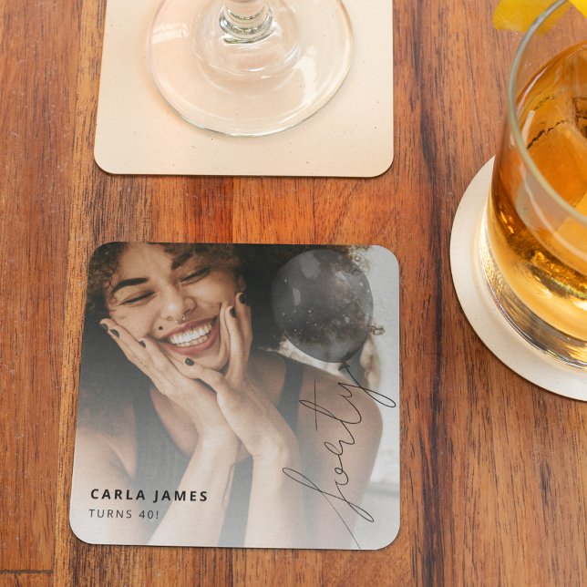 Forty Balloon String | Photo 40th Birthday Party Square Paper Coaster (Creator Uploaded)