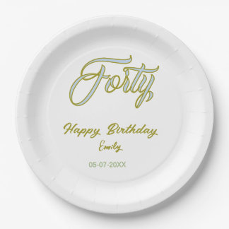 forty birthday name date blue green pastel trendy paper plates