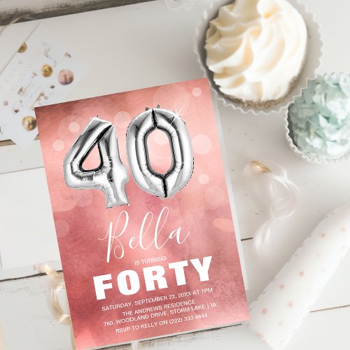Forty Birthday Party Modern Pink Age Balloon  Invitation