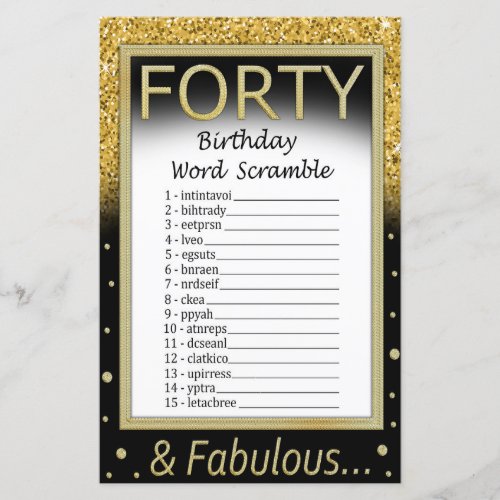 Forty Birthday Word Scramble Game