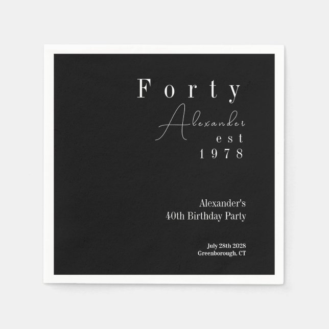 Forty Black and White 40th Birthday Party Napkins (Front)