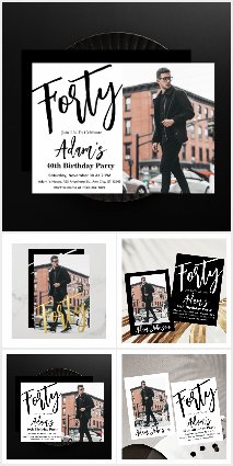 Forty Black White Modern 40th Birthday Invitation