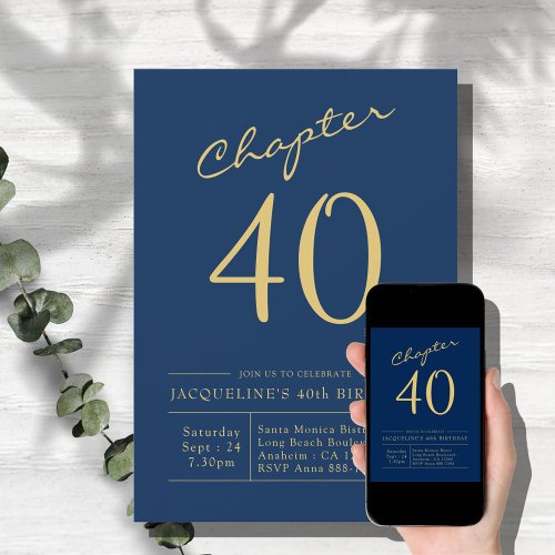 Forty Blue Gold 40th Birthday Party Invitation