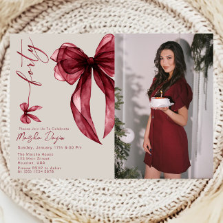 Forty Burgundy Bow 40th Birthday Party Photo Invitation