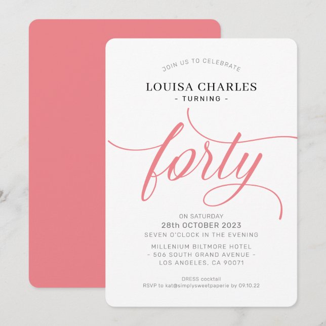 FORTY elegant birthday chic script modern coral In Invitation (Front/Back)