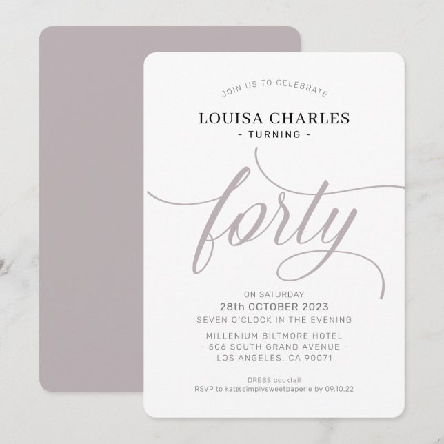 FORTY elegant birthday chic script modern mushroom Invitation (Front/Back)