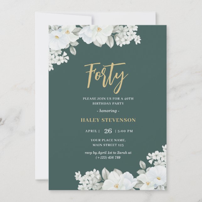 Forty Emerald Green & Gold White Floral Birthday Invitation (Front)