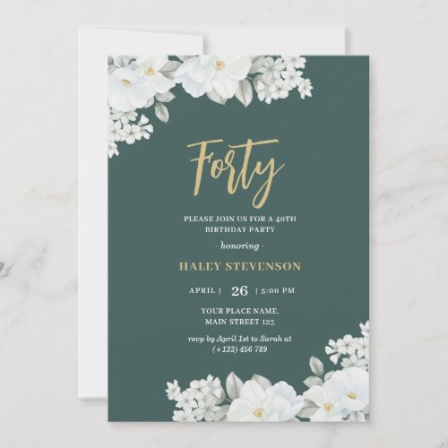 Forty Emerald Green  Gold White Floral Birthday Invitation