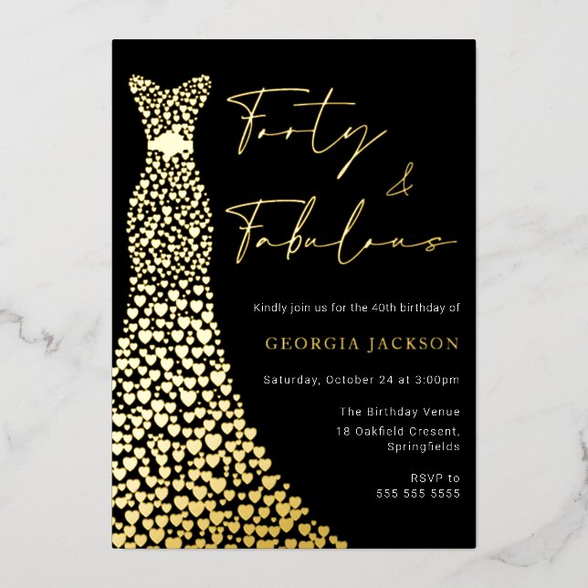 Forty & Fab Dress 40th Birthday Black & Gold  Foil Invitation (Front)