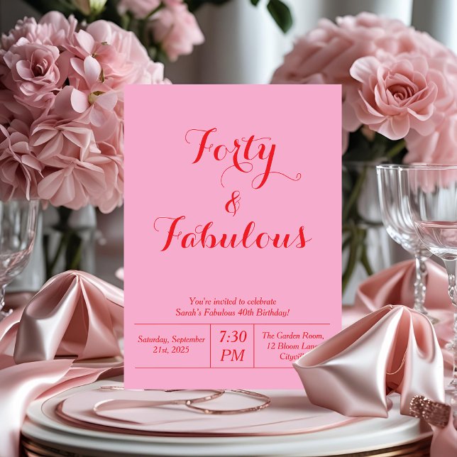 Forty & Fabul Pink & Red 40th Birthday Invitation  (Creator Uploaded)