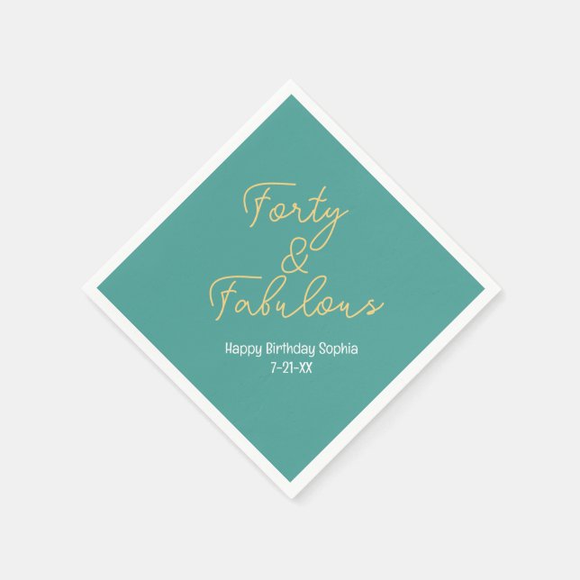 Forty & Fabulous, Birthday Name Date, Teal/Gold Napkins (Corner)