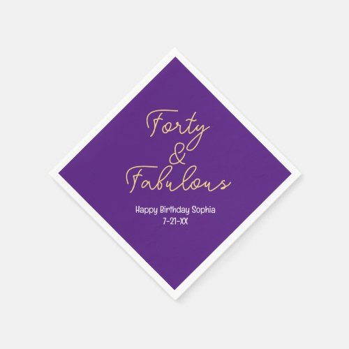 Forty  Fabulous Birthday Name Deep PurpleGold Napkins